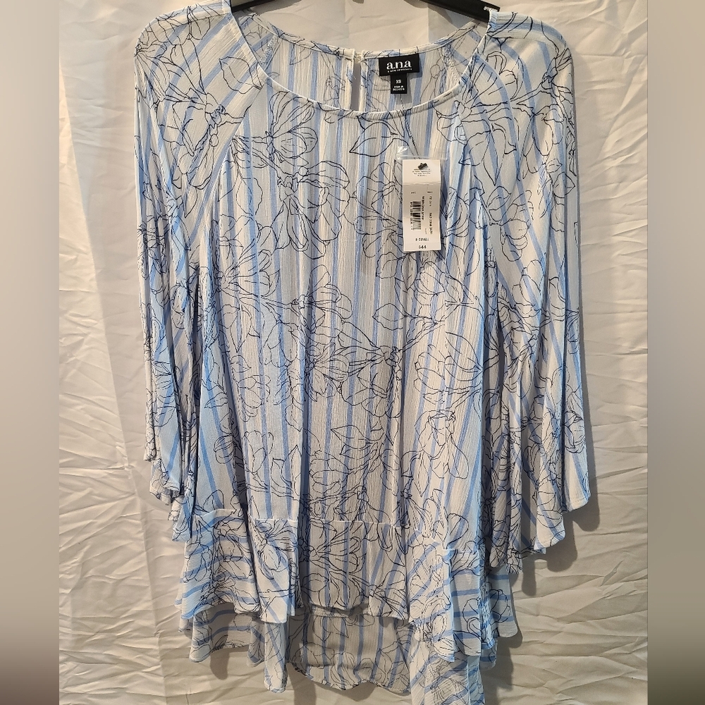 a.n.a Light Blue Striped Floral ¾ Sleeve Blouse